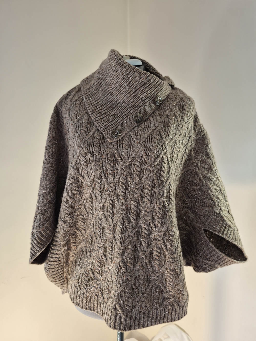 Anthropologie Taupe Cable-Knit Button Collar Poncho